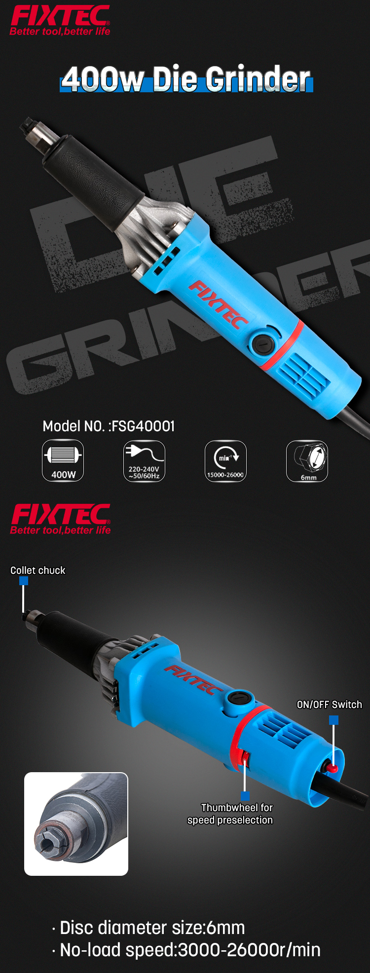 400 W 6 mm Stabschleifer