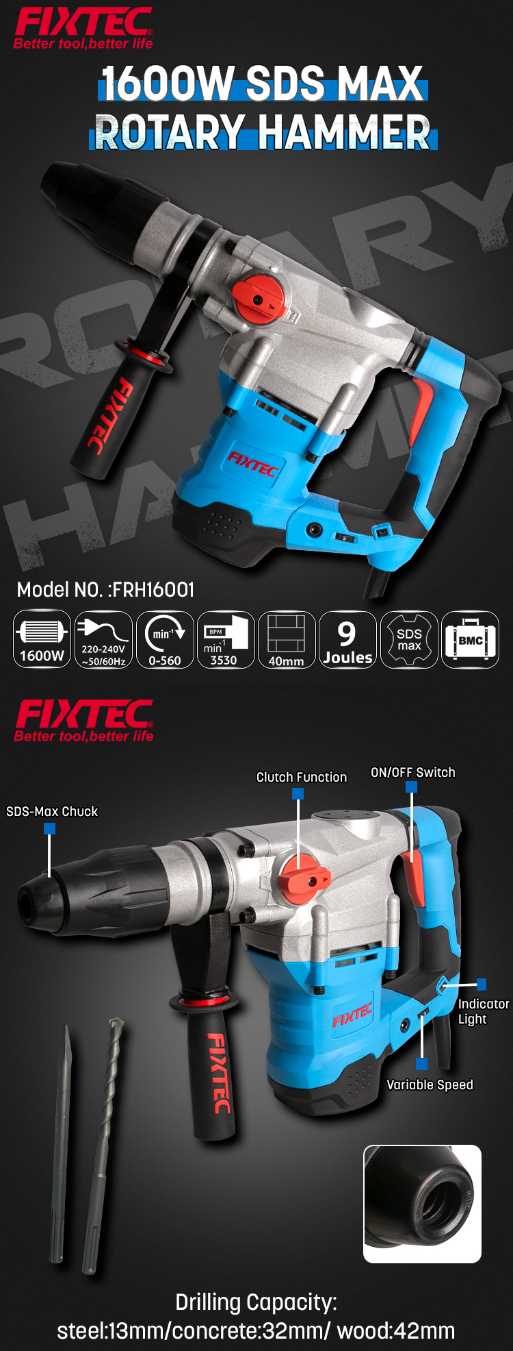 1600 W 40 mm Bohrhammer